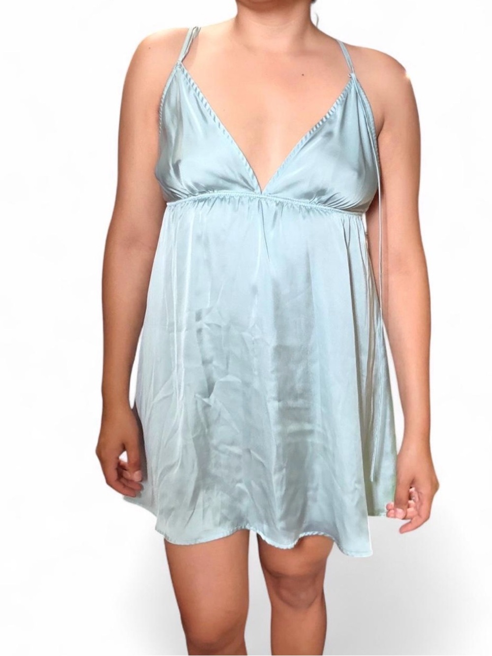 Satin V-Neck Mini Chemise Dress in Light Blue